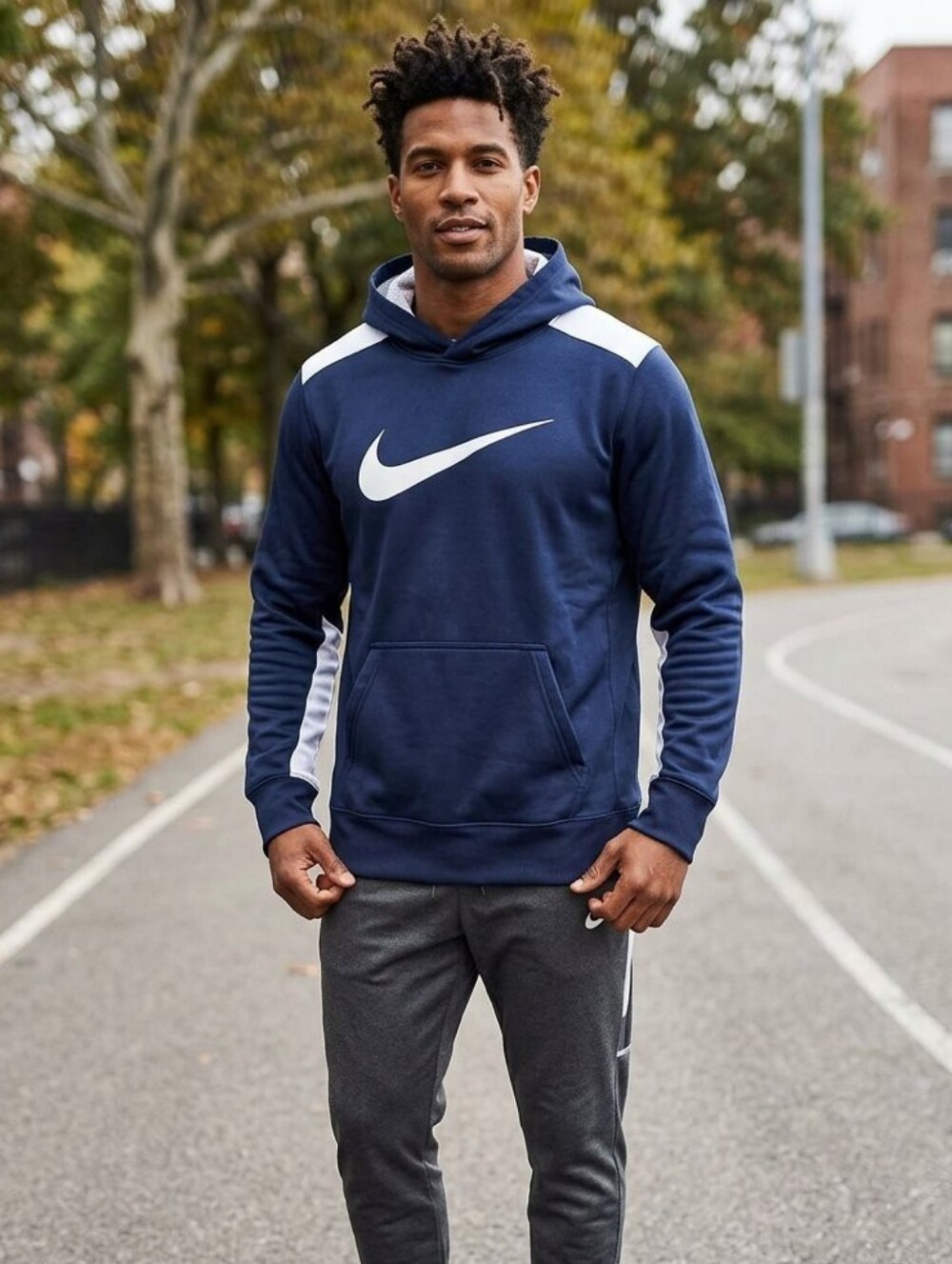 Nike Men’s Navy Blue Pullover Hoodie with White Swoosh • Size M